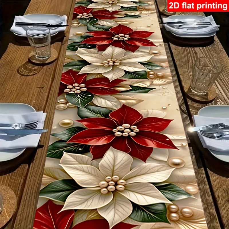 Christmas Table Runner - Настольная дорожка VIKAMA Poinsettia, многоразовая, красно-белая,